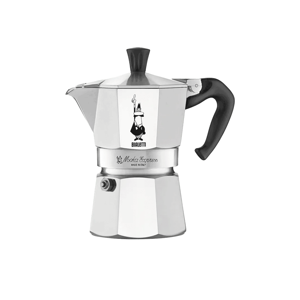 محضرة القهوة Bialetti Moka Express – إبريق إسبريسو كلاسيكي فضي يُستخدم على الموقد