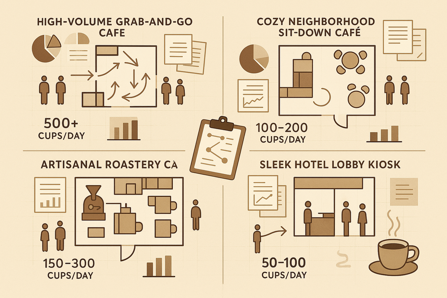Infographic comparing different coffee service settings with volume and layout details.